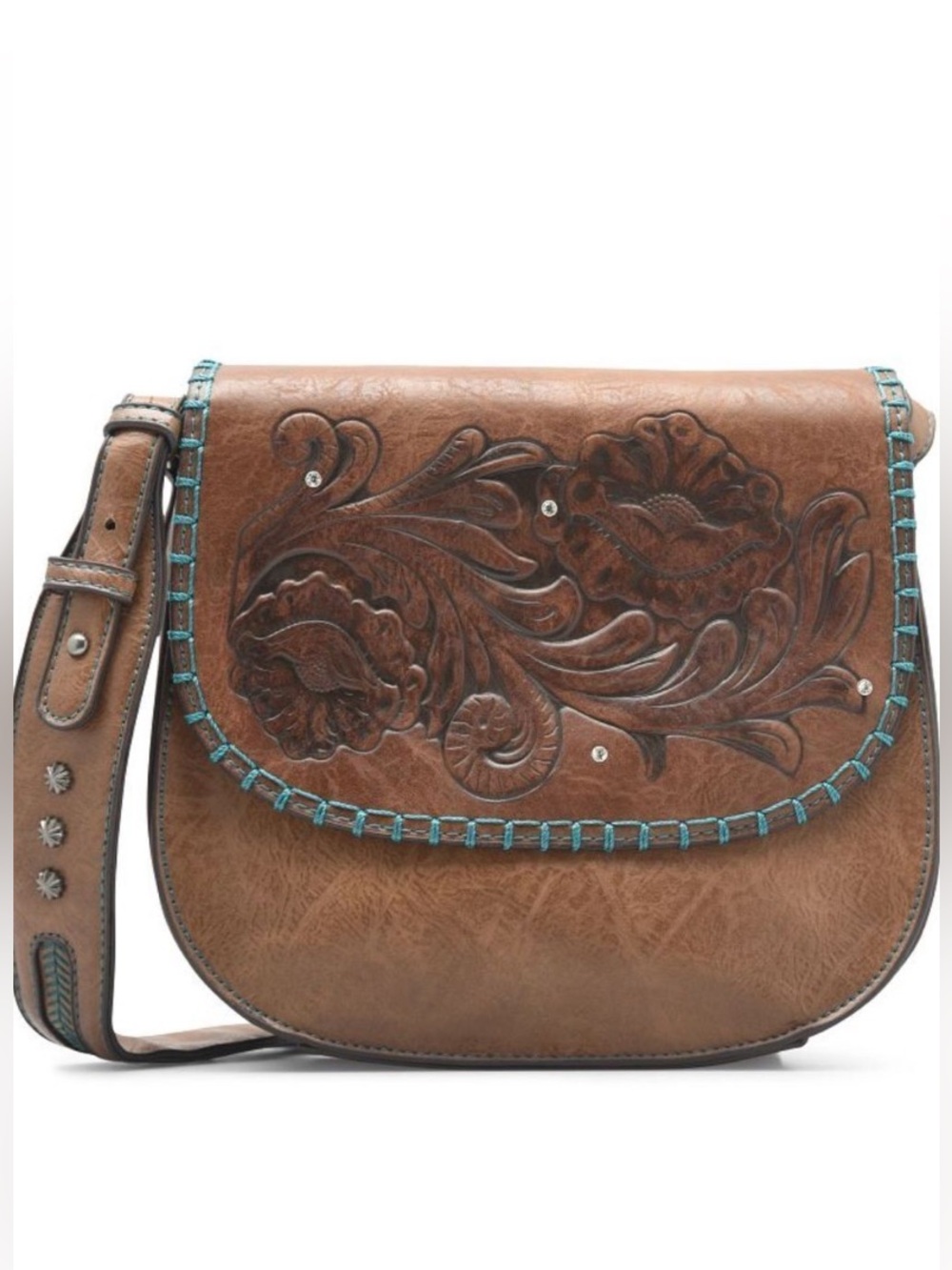 Justin Boots Brown Floral Tooled Crossbody with Turquoise Accents
